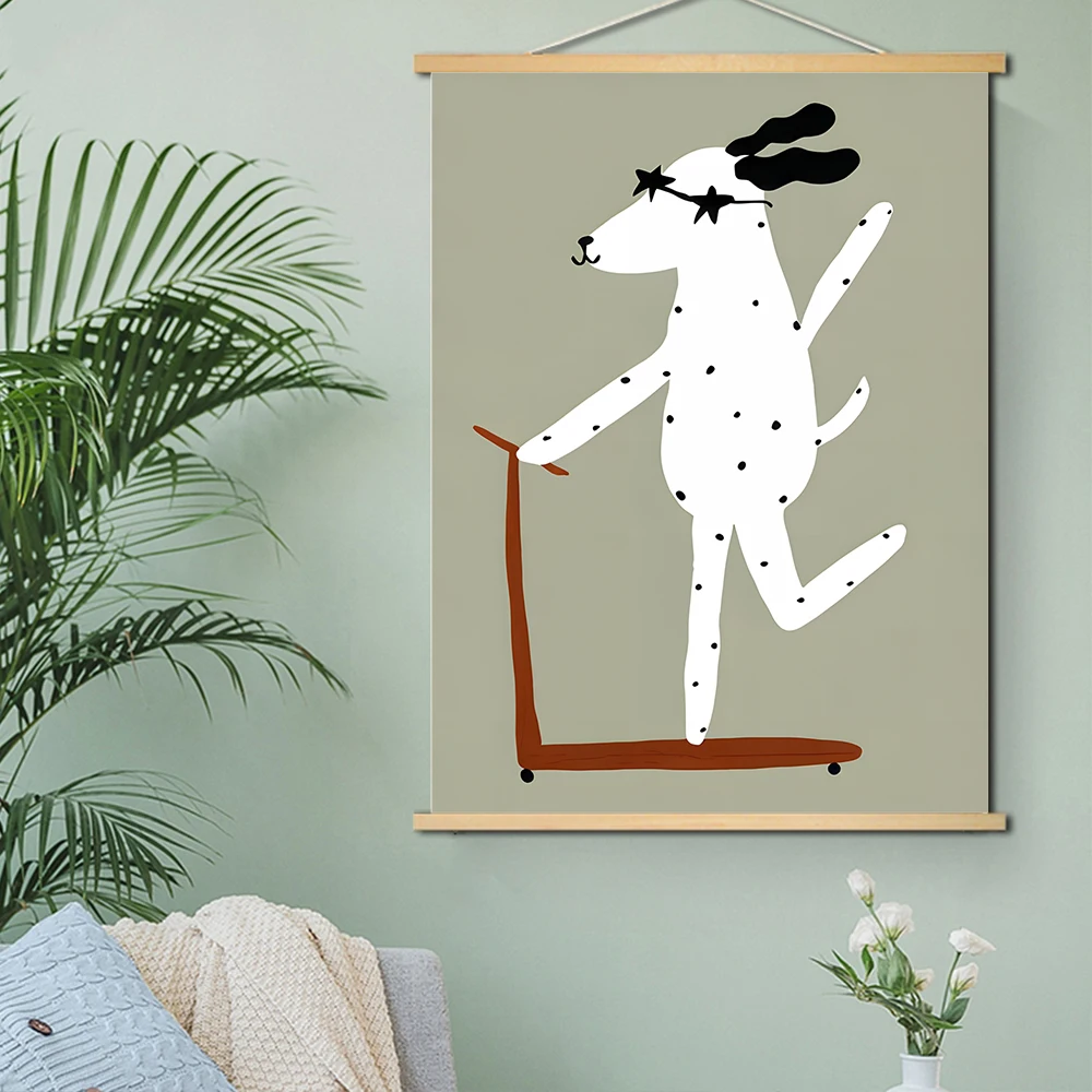 Funny Rabbit Mouse Goose Dog Flower Sage Green Cartoon Wood Scrolls Painting Posters Prints Pictures Kawaii Baby Kids Room Decor