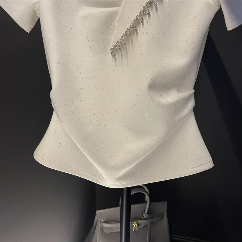 T-shirt a maniche corte con colletto diagonale diamantato Y2k Ropa Mujer cotone bianco Grunge vestiti Camisetas magliette grafiche