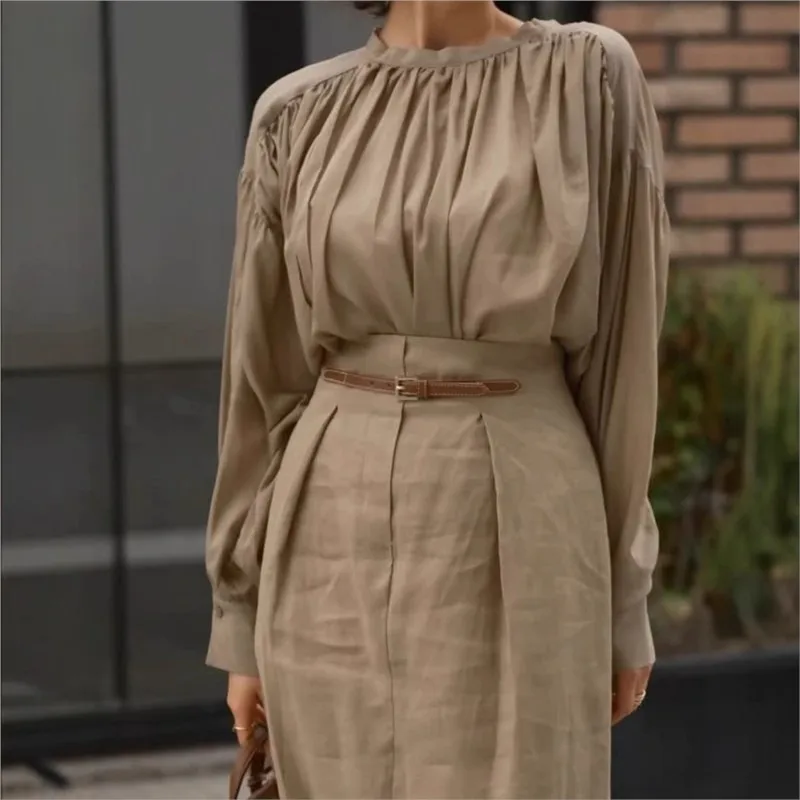 

Женская мода, комплект однотонной юбки, элегантный плиссированный топ с круглым вырезом и длинными рукавами, свободная макси-юбка с поясом, женский летний шикарный наряд 2023 г.