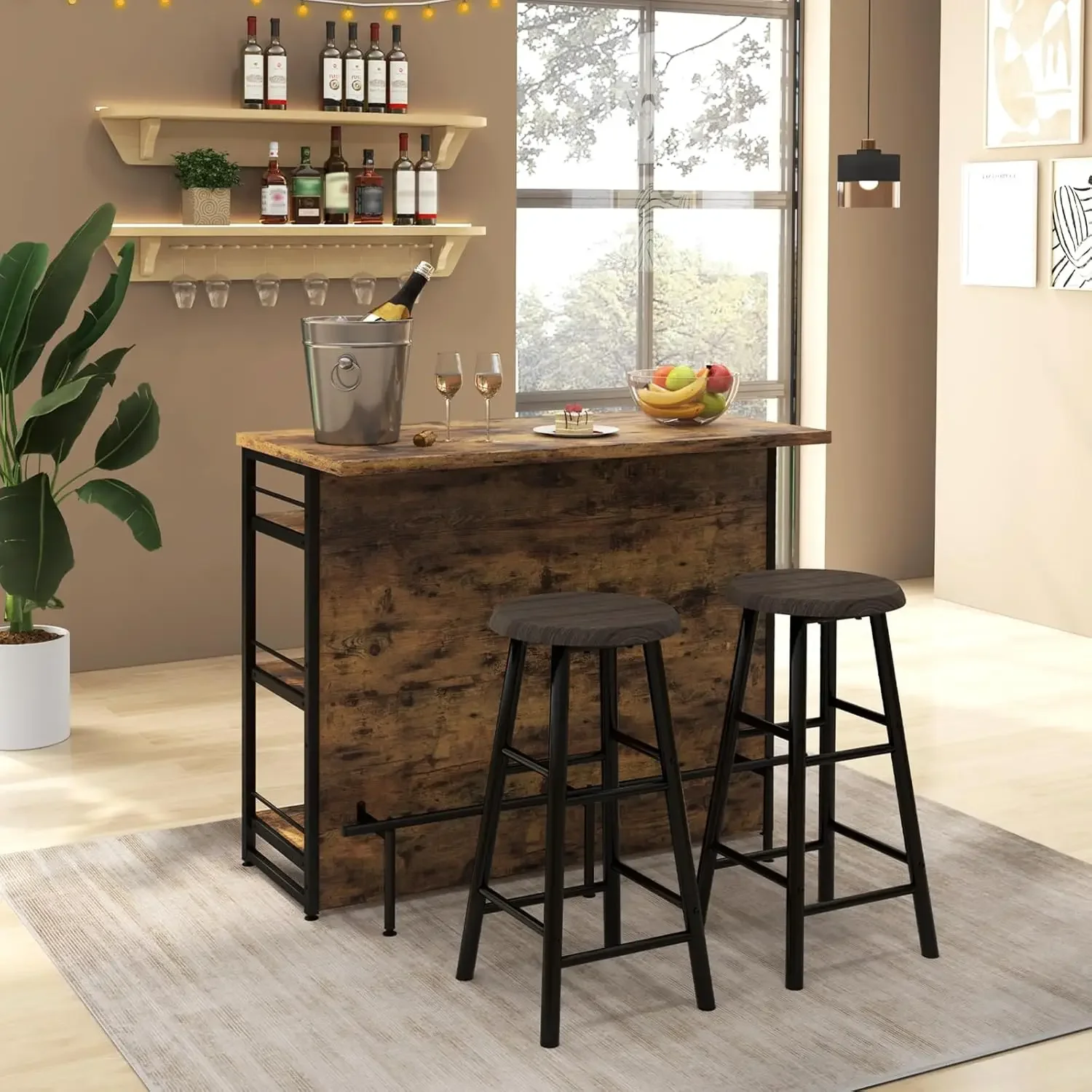 Home Bar Unit, 4 Tier Liquor Bar Table with Footrest, Wine Bottle Racks, Glass Holder, Industrial Corner Mini Coffee Bar Cabinet