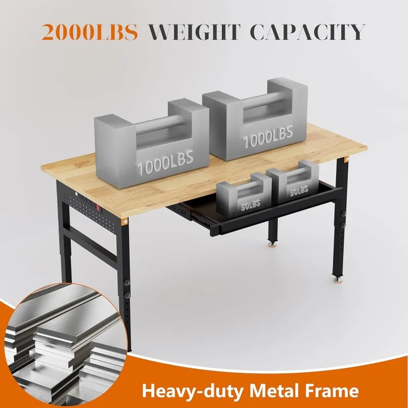 60" Adjustable Height Workbench, 2000 LBS Heavy Duty Work Table with Power Outlets & Pegboard, Rubber Wood Workstation
