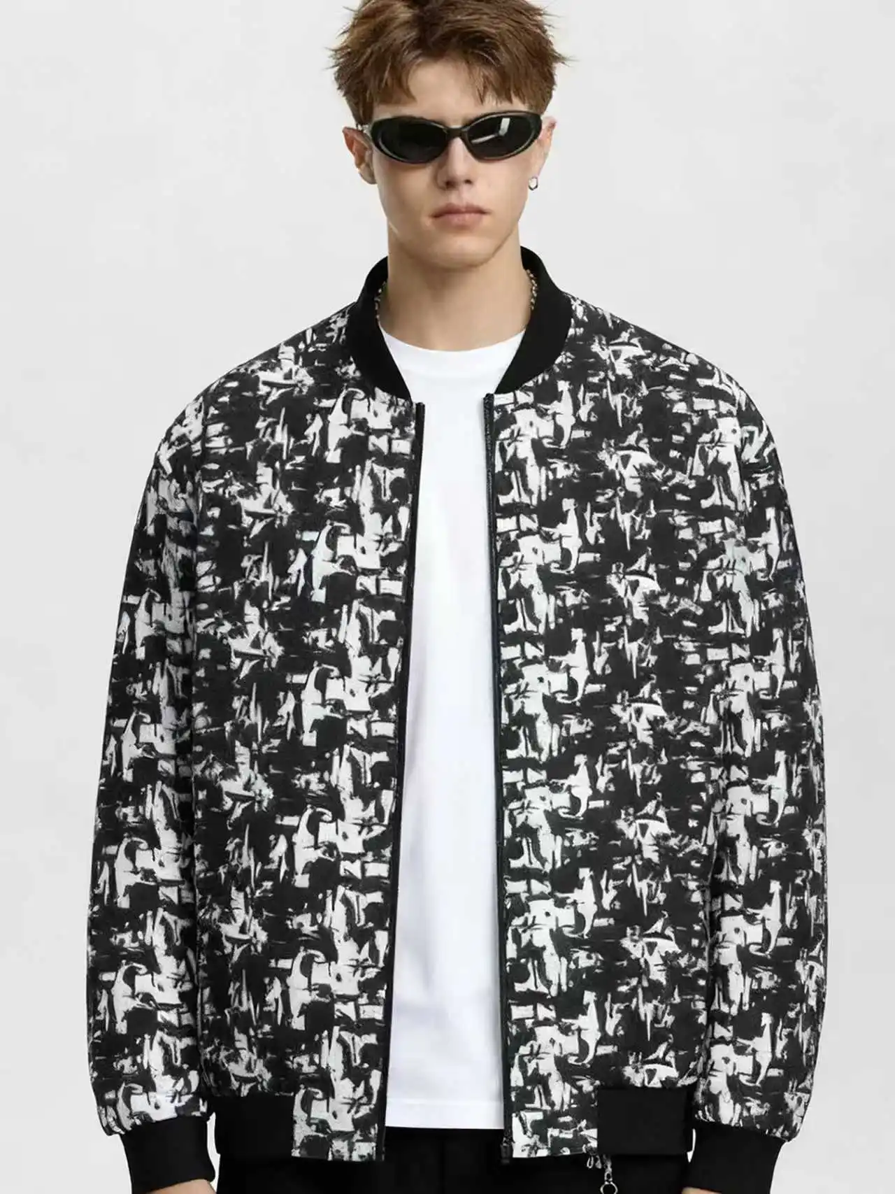 

Весенне-осенняя черно-белая бейсбольная куртка с принтом, американская стильная повседневная универсальная мужская бейсбольная куртка High-street