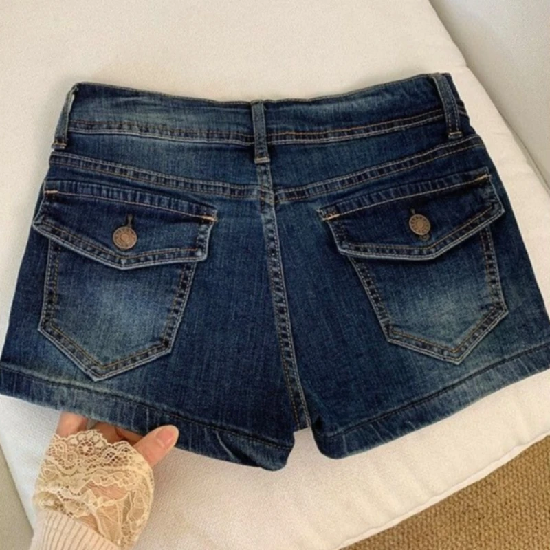 American Retro Short Jeans Distressed Sexy Low Waist Vintage Blue Women Casual Solid Color Zipper Summer Bodycon Sexy Streetwear