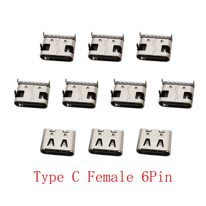 Connecteur femelle de Type C à 6 broches, 10 pièces, Jack USB-C SMD PCB, soudure, bricolage,