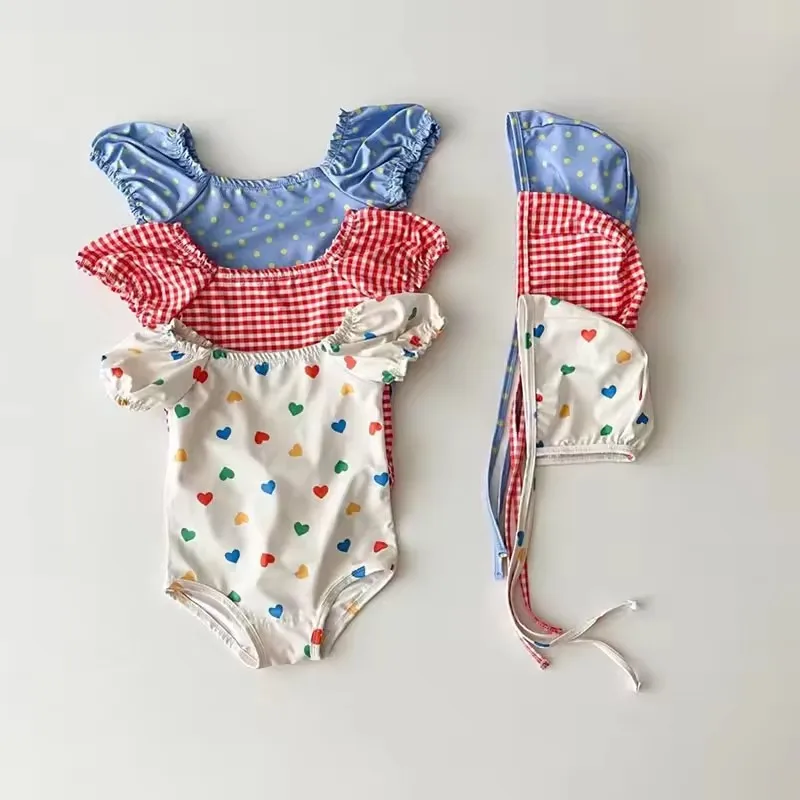 2026 Summer 2pcs Kids Baby Girl Swimming Wear One Piece Heart Print Girls' Swimsuits Toddler Puff Sleeve Swimwear Beach Vacation
