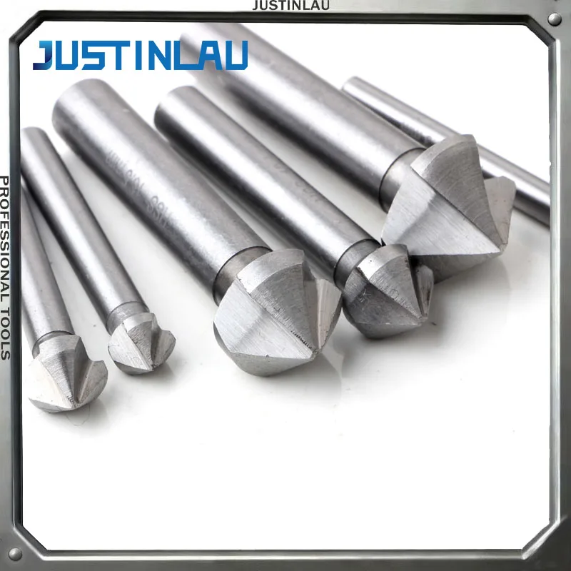 JUSTINLAU 6PCS 90 Degree 3 Slot Round Shank Chamfering End Mill  High Speed Steel Countersunk Head Deburring Conical Drill Bit