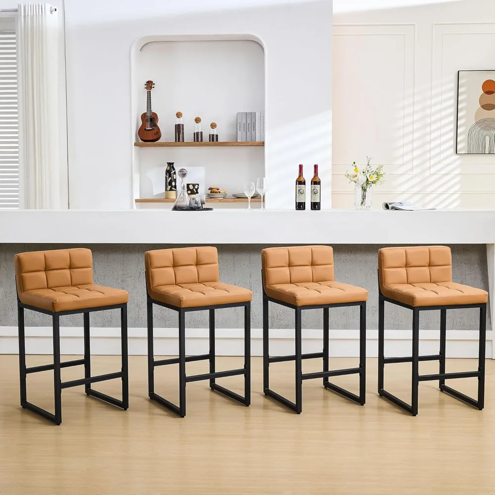 Bar Height Stools Set of 4, PU Leather Barstools Modern Counter Stools with Back and Thickened Metal Legs, Bar Chairs