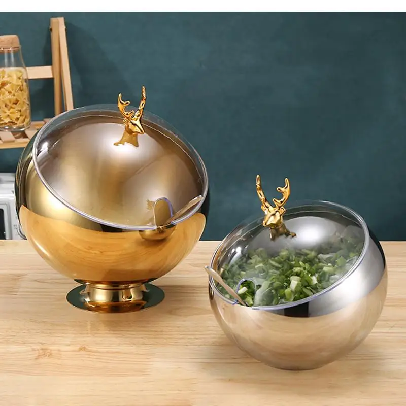 Kitchen Items Sloped Stainless Steel Bowl Storage Containers Spherical Sauce with Cover Restaurant Buffet Tableware