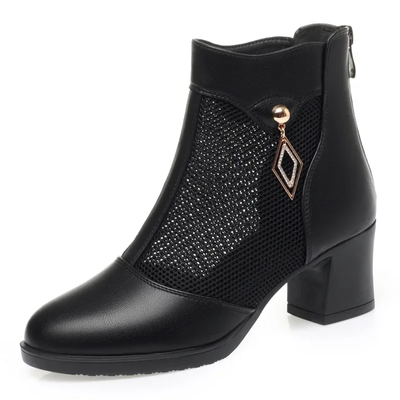 

6cm Summer Autumn Block Heels Mesh Leather Boots 2025 Comfortable Elegant Women's Shoes Black Short Ankle Boots for Office Daily