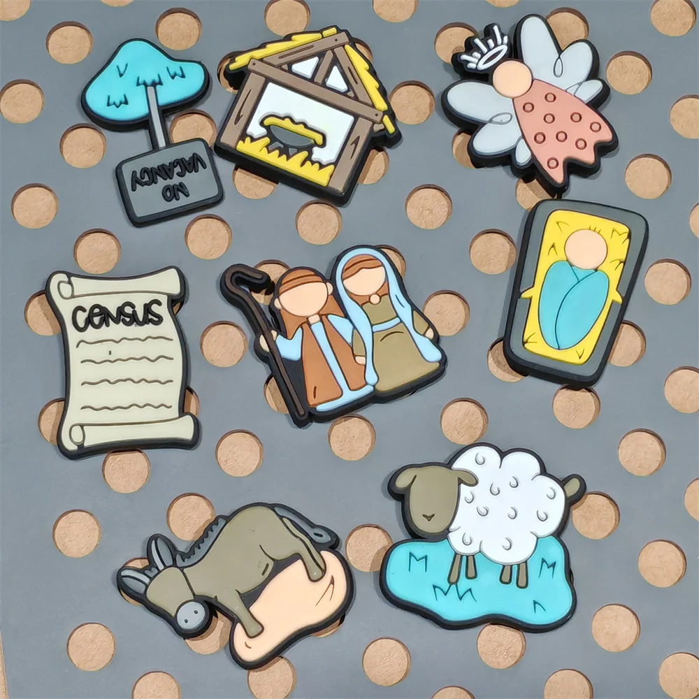 1-8 قطعة الكتاب المقدس مريم العذراء حمار الماعز الروح القدس يسوع الأحذية البلاستيكية السحر مشبك اكسسوارات الصنادل الأحذية الديكور طفل هدية عيد الميلاد