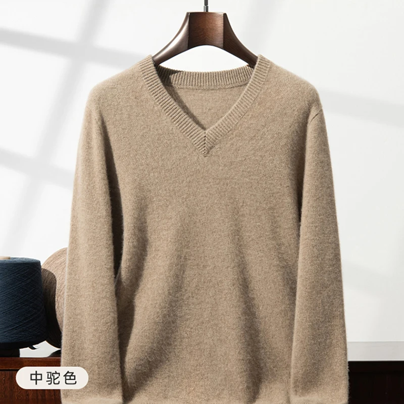 Thickened Cashmere Sweater Men's V-Neck Pure Cashmere Sweater Men's Fashion Wool Sweater Pullover Long Sleeve Knitted Bottoming