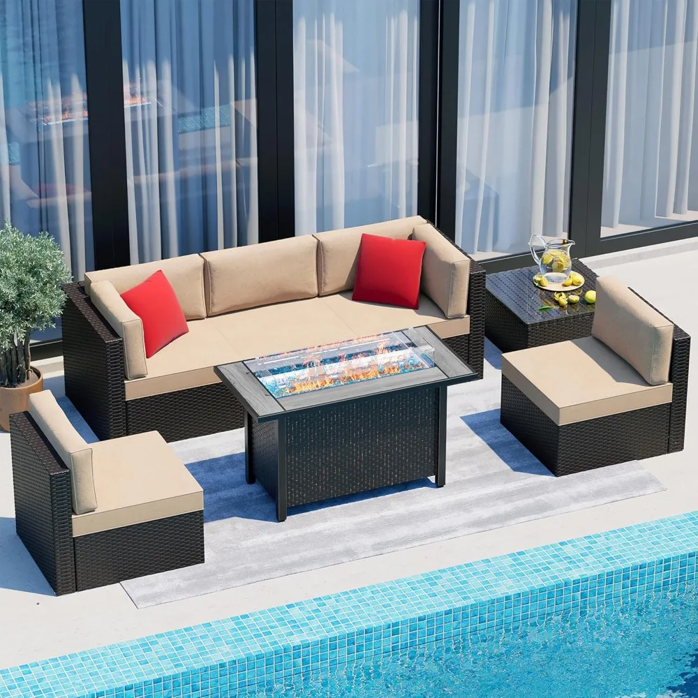 7 Piece Patio Furniture Sets 45 Inch Fire Pit Table All Weather PE Wicker Rattan Sectional Sofa Conversation Set w/Glass Table