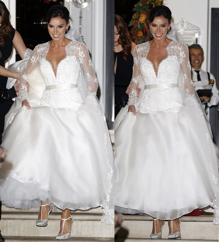 Impressionante longo mangas compridas vestido de casamento cetim de seda organza saia e bordado rendas sereia igreja vestido de noiva sheer mergulhando pescoço