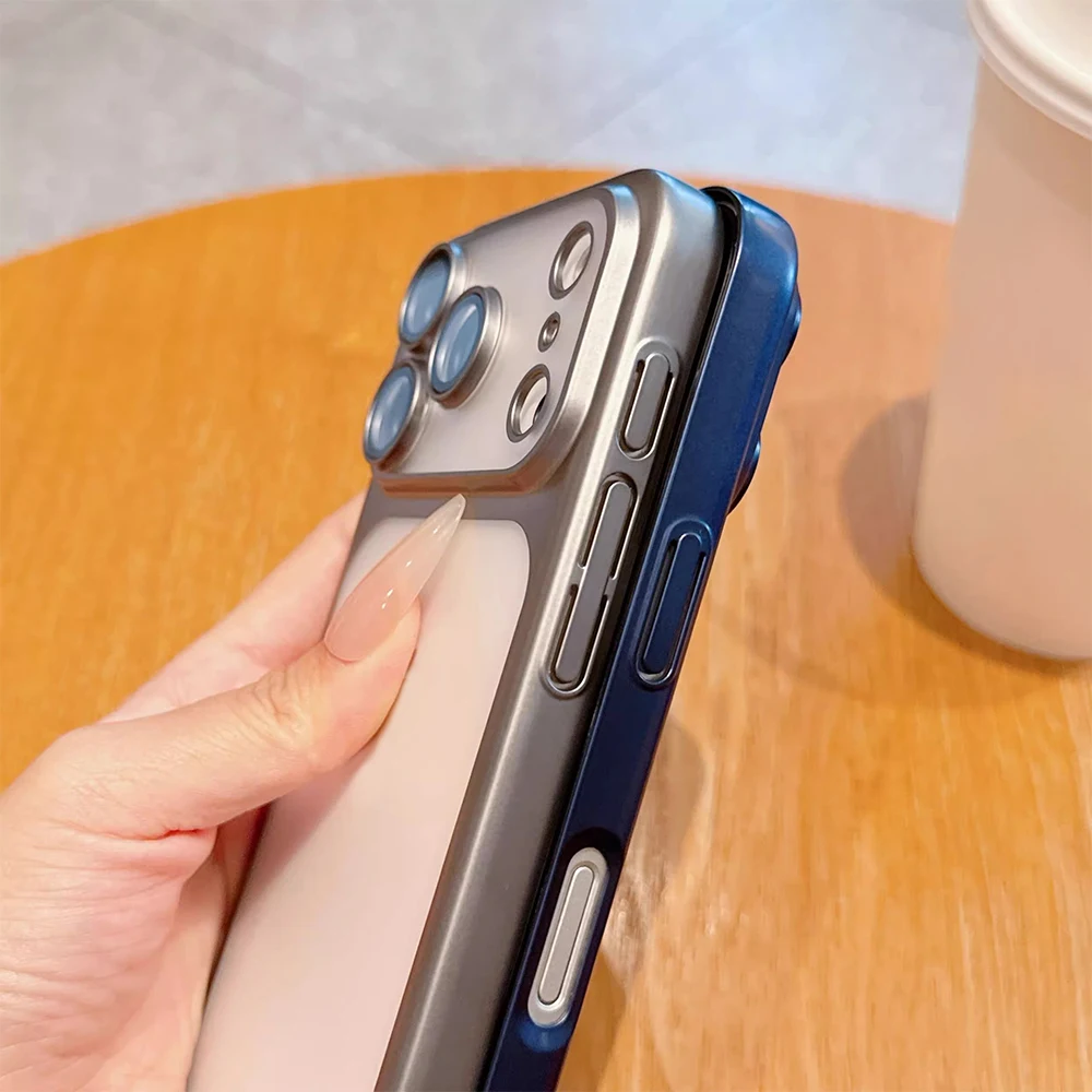 Latest Transparent Matte Phone Case For iPhone 17 Pro Air 17 16 15 14 13 Pro Max Full Lens Protection Metallic Color Frame Cover