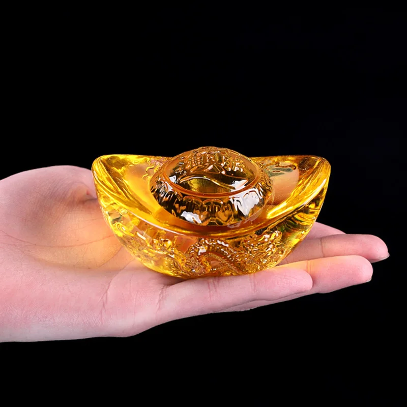 Chinese Style Citrine Ingot Gold Crystal Glass Colored Glaze Wealth Money Feng Shui Craft Figurines Home Decor〔Nest〕