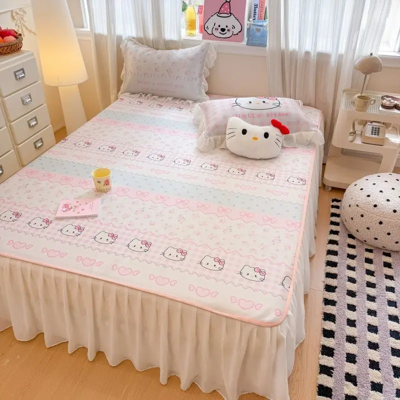 

Anime Sanrio Hello Kitty Lace Trim A Grade Ice Silk Bed Skirt Mat Machine Washable Soft Air Conditioner Cooling Mat for Summer