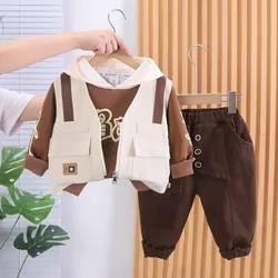 Toddler Outfits 2023 Spring Autumn Baby Boy Clothes Free Shipping Casual Zipper Cardigan Vest + Hooded Hoodies + Pants Kids Set