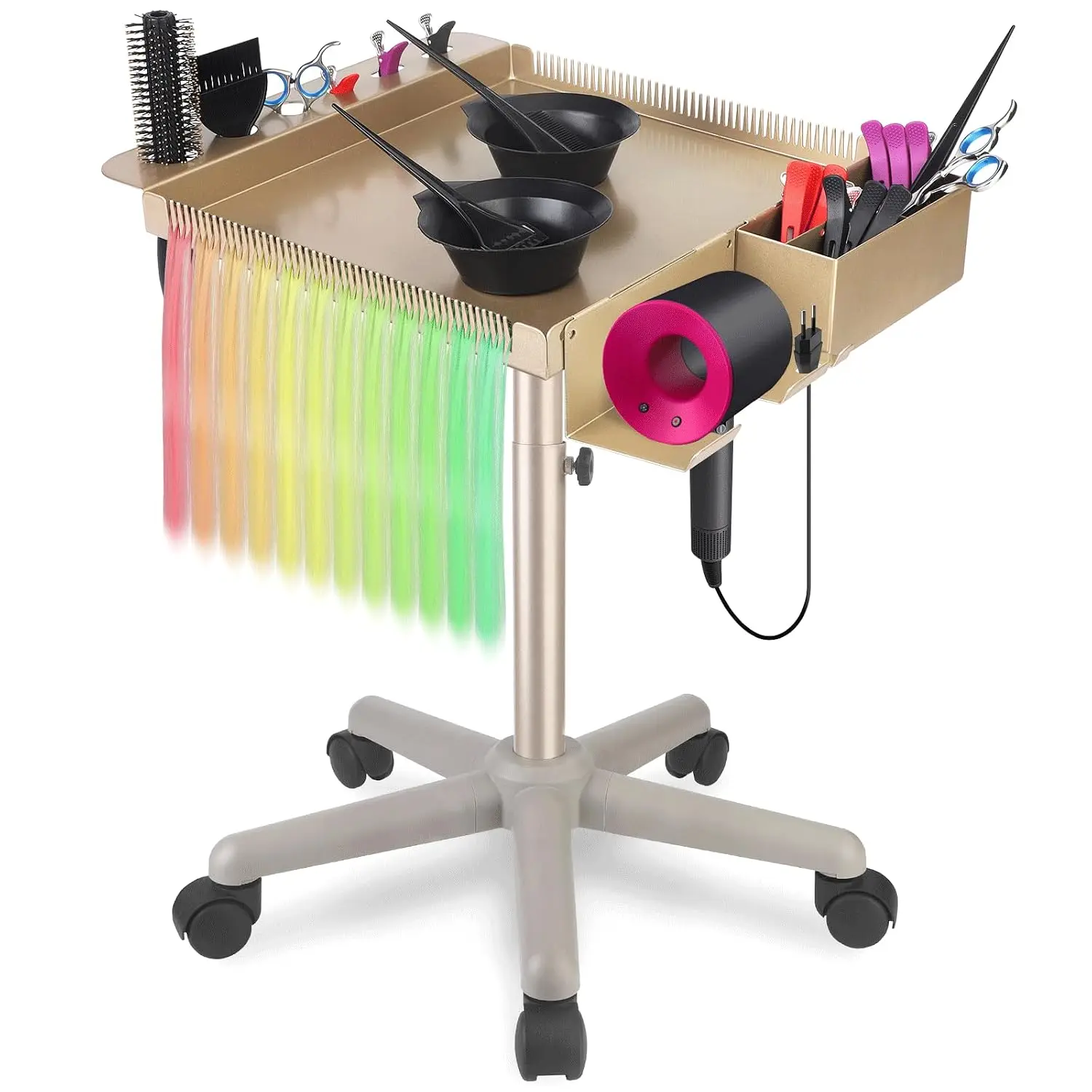 Retain Time Champagne Gold Hair Salon Cart with Wheels, Large Heavy Duty Multi-Function Salon Station Tray, Adjustable Corrosion