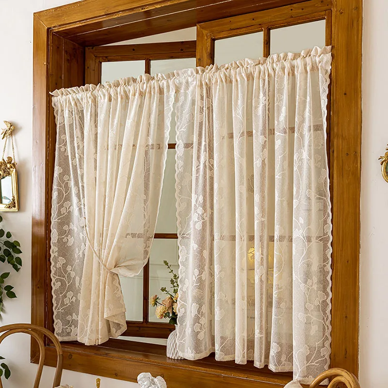 Pastoral Ginkgo Biloba Jacquard Short Curtain Semi-Transparent Lace Thin Screen Window 2Pcs Soft Kitchen Partition Door Curtains