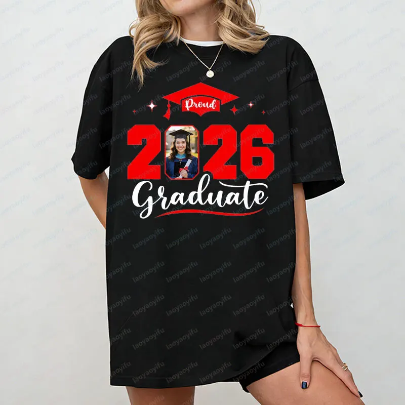 Graduation Photo Shirt Custom 2026 Grad Family Matching Tees Unisex Cotton T-shirt Graduation Ceremony Personalized Casual Tops