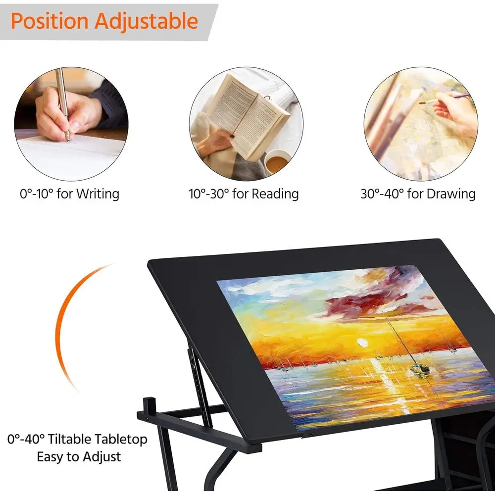 성인 예술가 및 공예 애호가를 위한 조절 가능한 아트 데스크(스툴 및 서랍 포함) - 가정, 사무실 및 스튜디오에 이상적