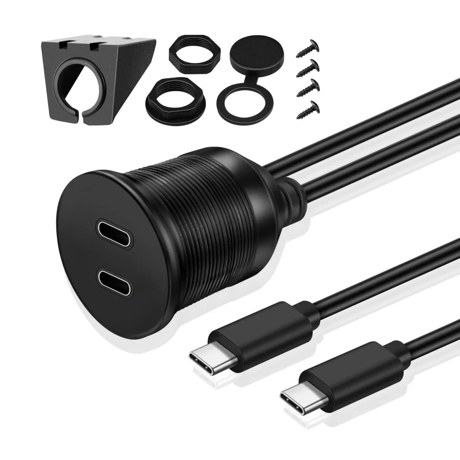 USB C 2.0 Flush Mount Cable, Dual USB Extension Cable  for Car Dashboard with Dash Panel Mount Marine Motorcycle Vehicle etc