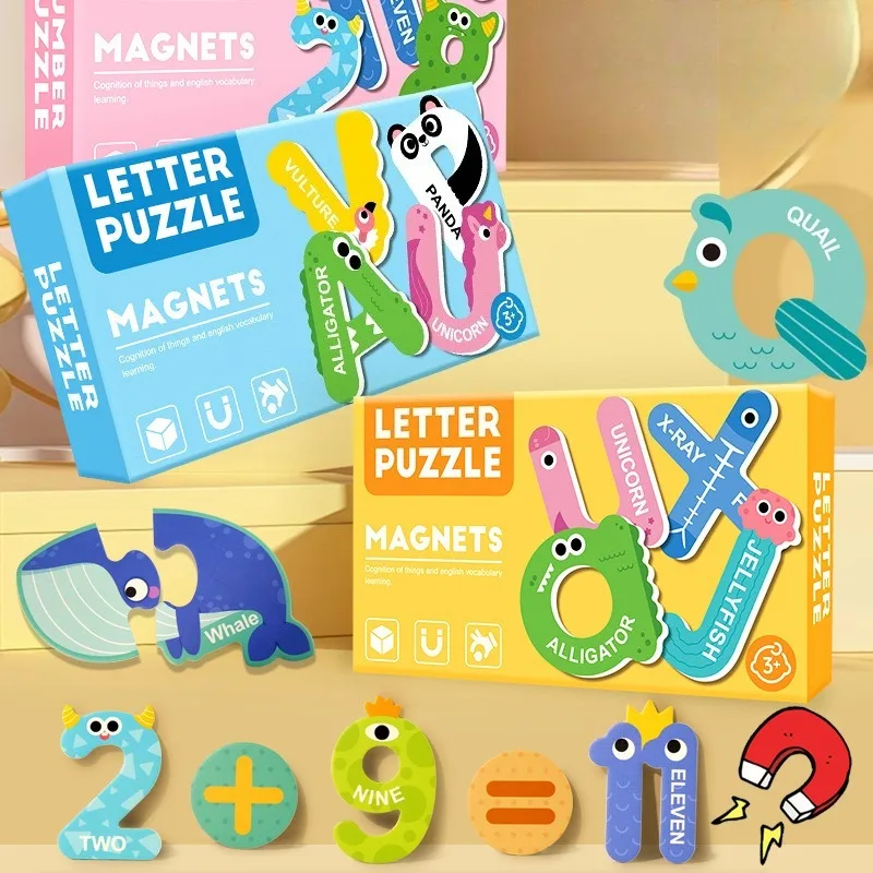 

Магнитная познавательная головоломка Монтессори, буквы, цифры, животные, автомобиль, наклейка на холодильник, развивающие игрушки для детей