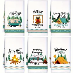 2pcs, Hand Towels, Camping Theme Campfire Tent Car Pattern Dish Towels, White Multifunctional Absorbent Multifunctional Tea Towe