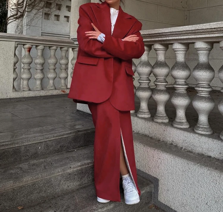 

Women's Temperament Commuting Split Half Length Long Skirt Set, Lapel Long Sleeved Suit Jacket, High-end Two-piece Set