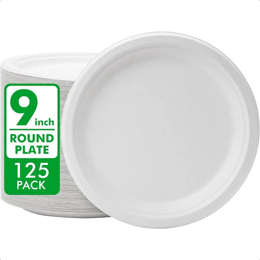 

Компостируемые бумажные тарелки, 9 дюймов [125 шт.] Белые пакеты Bagasse, сверхпрочные биоразлагаемые бумажные тарелки, экологически чистые из натурального Suga
