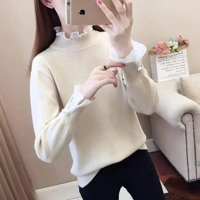 Autunno inverno pizzo moda tinta unita collo alto manica lunga abbigliamento donna pullover volant maglia fondo camicia top