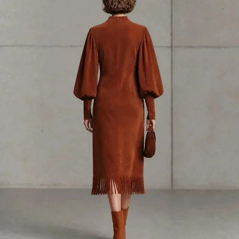 Women Mock Neck Suede Midi Dress Lantern Sleeve Tassel Hem Loose Straight Dress Solid Casual Western Elegant Fall Winter Dresses