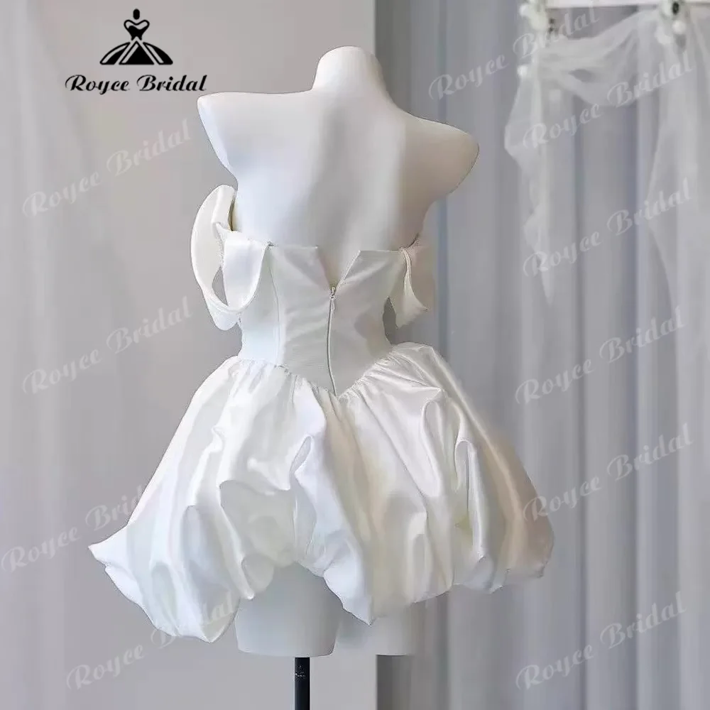 2027 Short Satin Wedding Dress Off The Shoulder Cowl Neck Corset Pearl Chain Mini Bubble Skirt For Engagement Party Customized