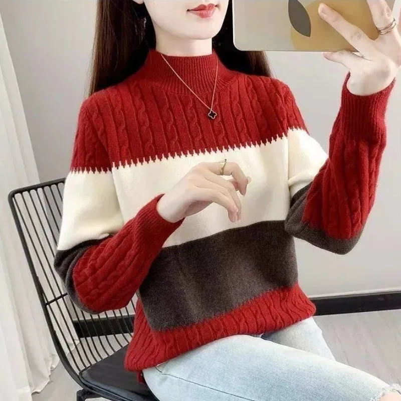 

Women's Knit Sweater Half High Collar Harajuku Warm Long Sleeve Clothing Sales Korean Style Fall Basic Y2k Red Ladies Pullovers