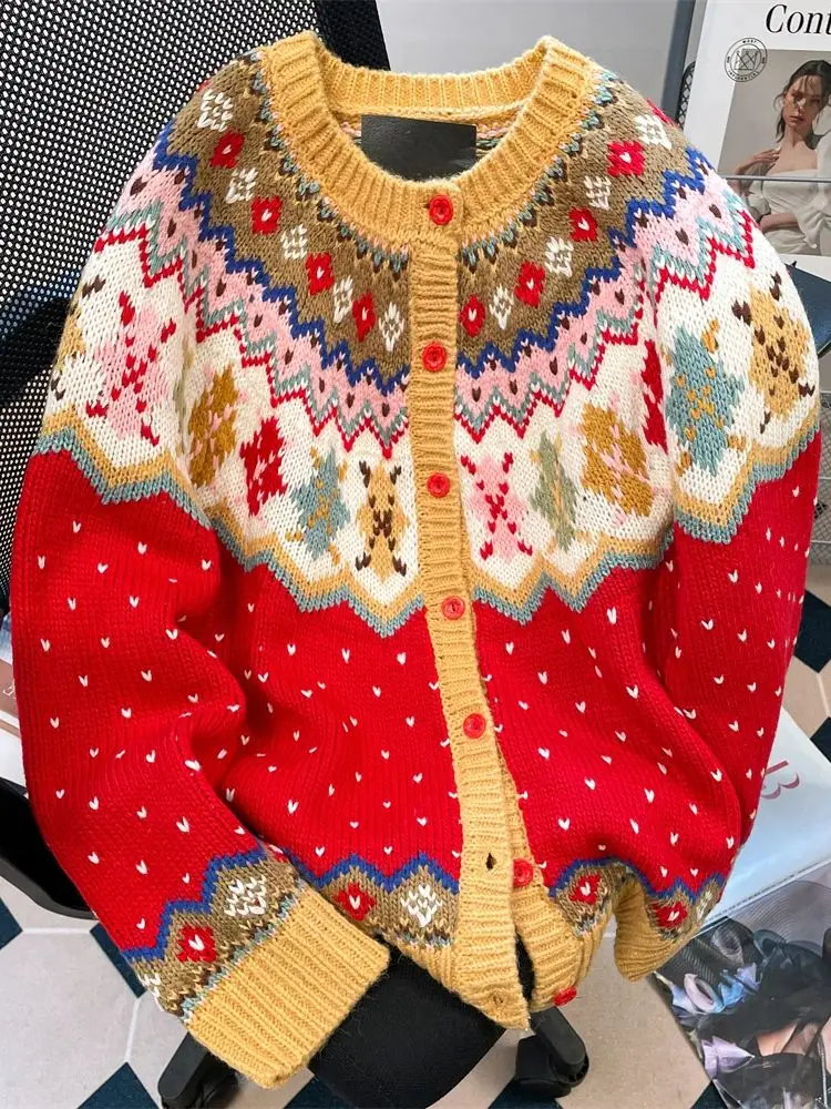 عيد الميلاد الأحمر المرأة سترة س الرقبة طويلة الأكمام واحدة الصدر متقلب مطبوعة سترة سترة لينة أزياء الخريف أعلى #5
