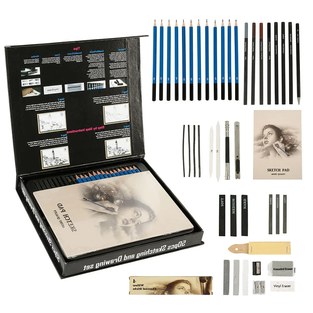 Drawing Set Sketch Kit, Sketching Supplies with 3-Color Sketchbook, Graphite, and Charcoal Pencils