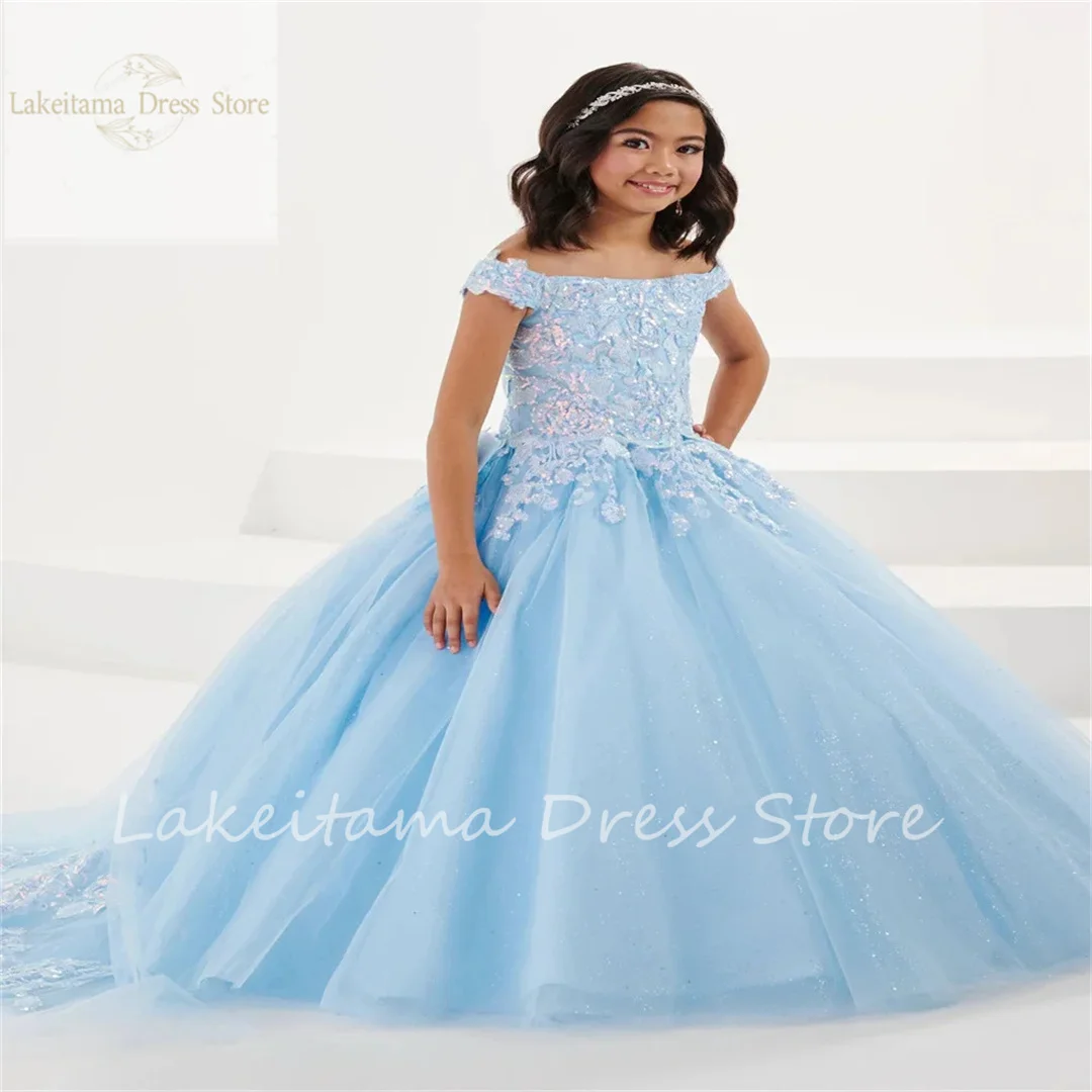 

Blue Applique Flower Girl Dresses for Wedding Lace Tulle Sequin Puffy Flat Collar Elegant Kids First Holy Communion Ball Gown