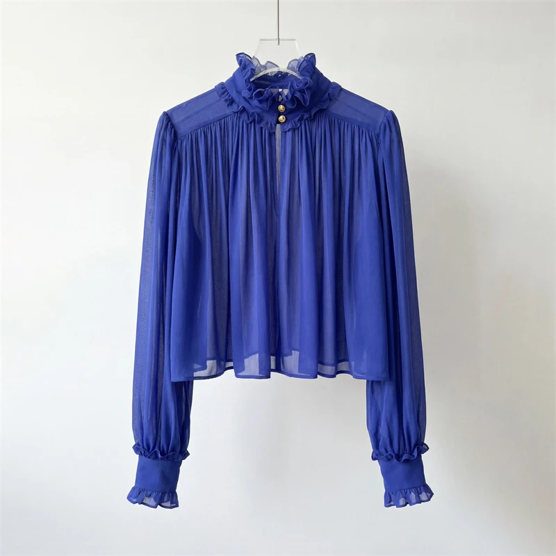 

2026 Spring New Women's Blue Ruffled Collar Puff Sleeve Shirt, High-Quality Fashionable Commuting Loose Versatile Short Top