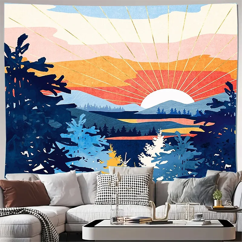 

Гобелен с горным закатом, лесной пейзаж, настенный подвесной природный домашний декор, богемное настенное искусство, перегородка для комнаты, фон