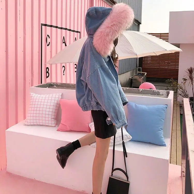 

Джинсовое пальто для женщин, темные меховые плюшевые женские зимние бархатные регулируемые облегающие пальто, минималистичные городские офисные куртки, потертые