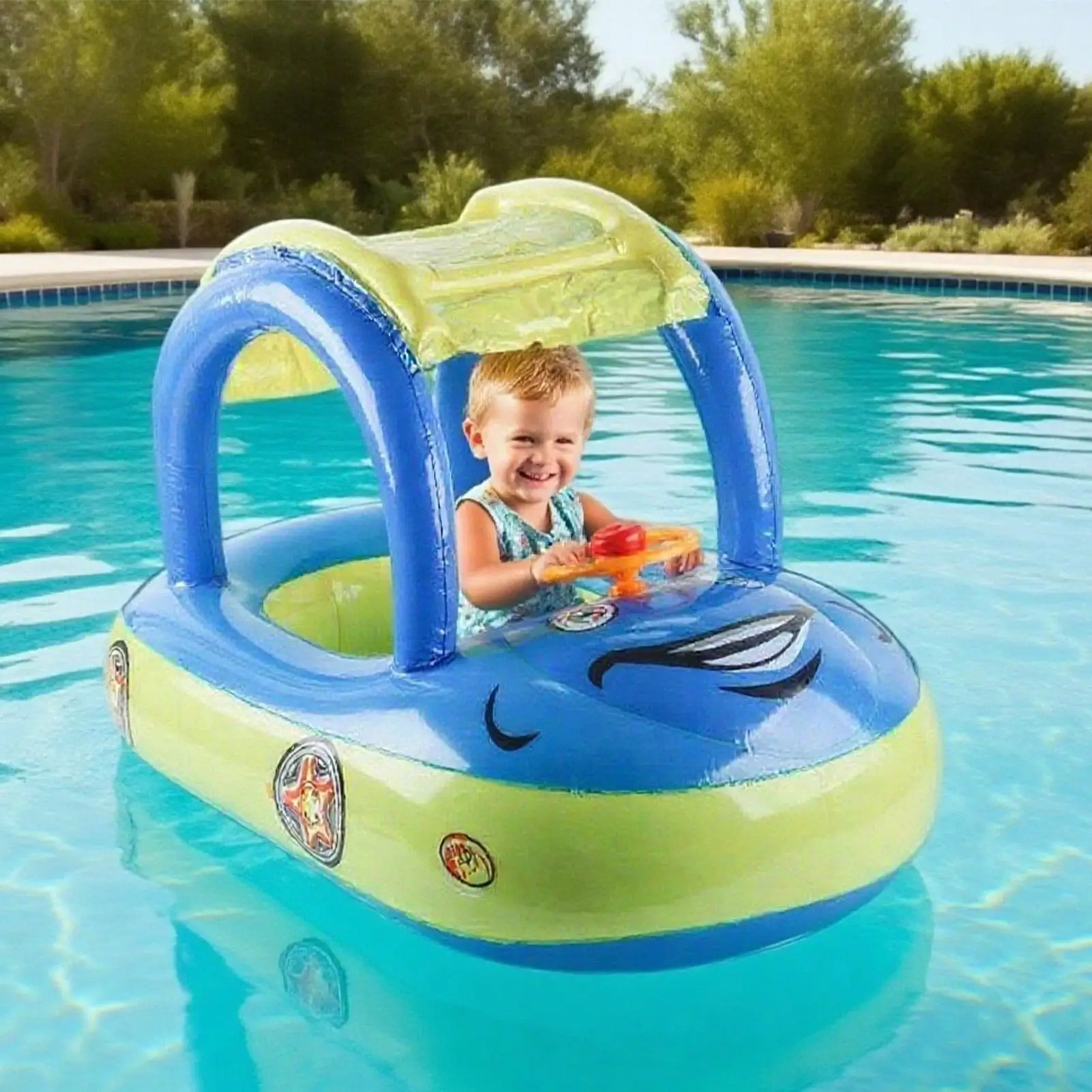 Galleggianti da piscina per bambini Galleggianti da nuoto per bambini Gonfiabili a forma di auto Baldacchino per galleggiamento Giocattoli da allenamento con parasole per la spiaggia estiva