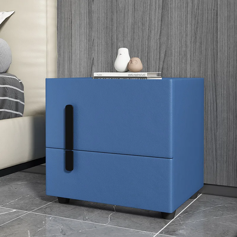 Mesita de noche italiana ligera de lujo, mesita de noche de madera maciza con doble cajón, losa de roca de cuero minimalista, diseño maestro personalizado