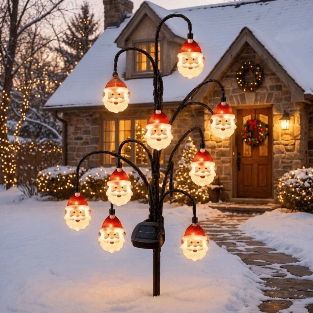 Solar Powered Santa Claus Ground Stake Lights Weatherproof Eco-Friendly Christmas Solar Tree Stake Lights Auto-On PET