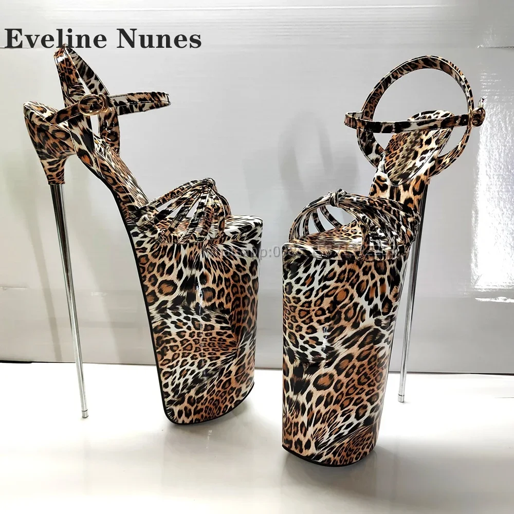 Leopard Platform Metal Heel Sandals Open Toe Side Air Shallow Sexy Runway Show Shoes Buckle Strap Large Size Spicy Girl Shoes