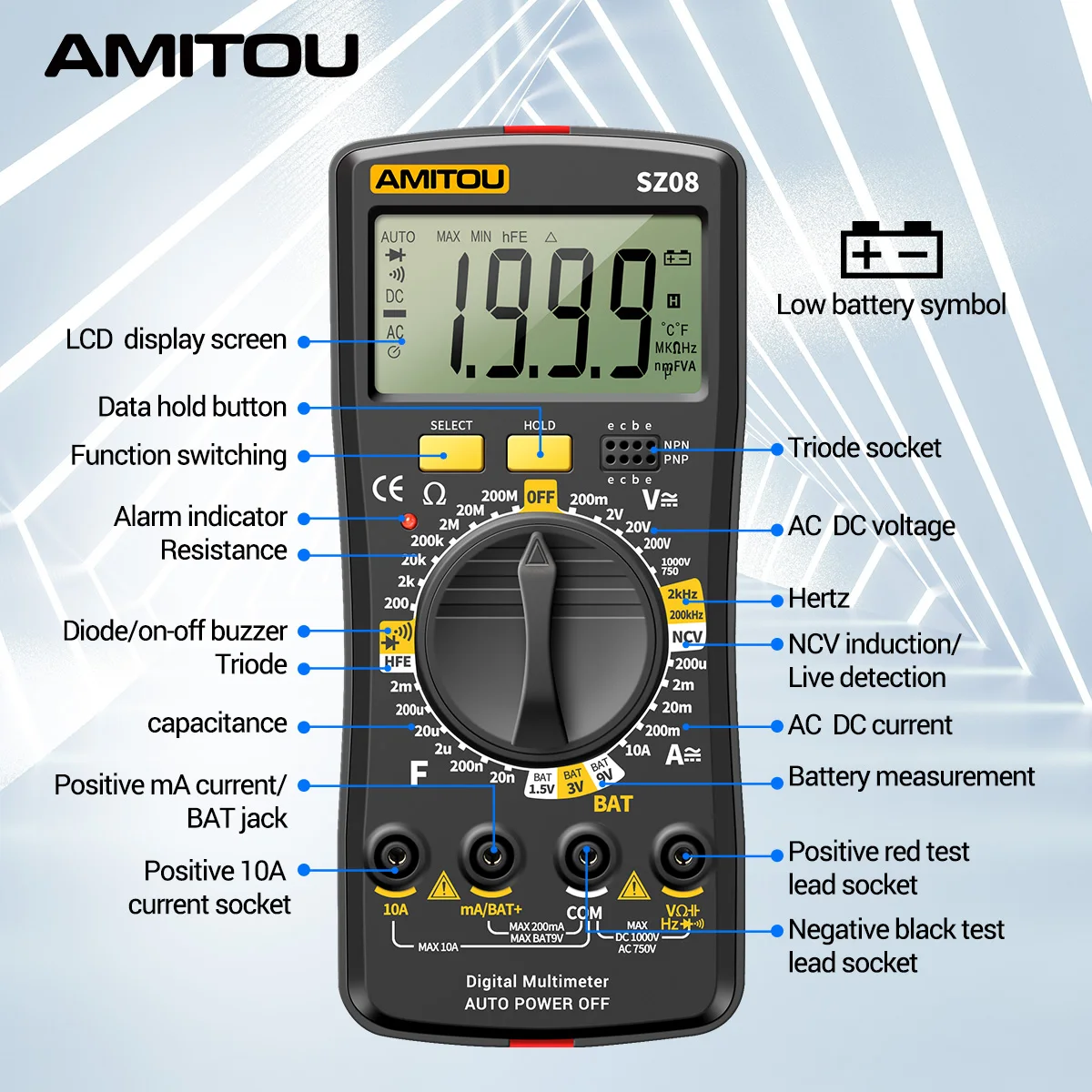 AMITOU SZ08 profesyonel dijital multimetre Noncontact gerilim dedektörü AC/DC akım ölçer elektrik test aracı elektrikçi için