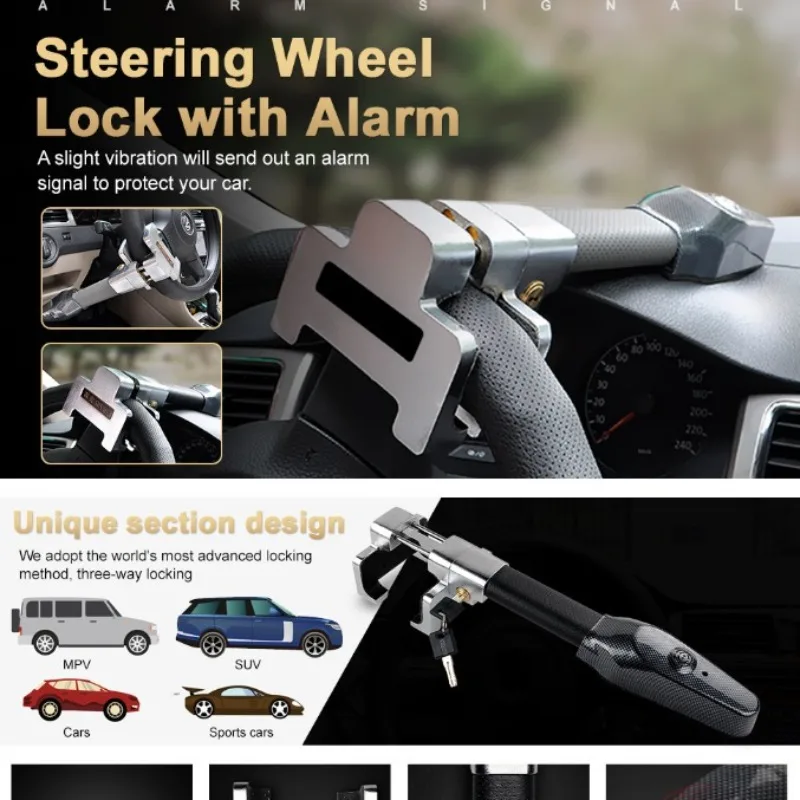 Car Heavy Duty Anti-theft Steering Wheel Lock with Alarm Universal Retractable Protection Safety T-lock for Car Truck SUV Truck