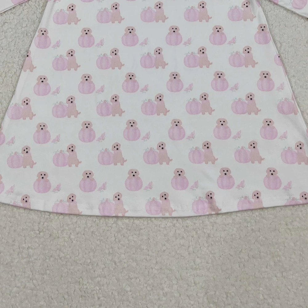 رائجة البيع طفل فتاة فستان ملابس طويلة الأكمام الوردي الكلب القرع طول الركبة الرضع الاطفال ملابس الخريف الشكر ملابس لطيف