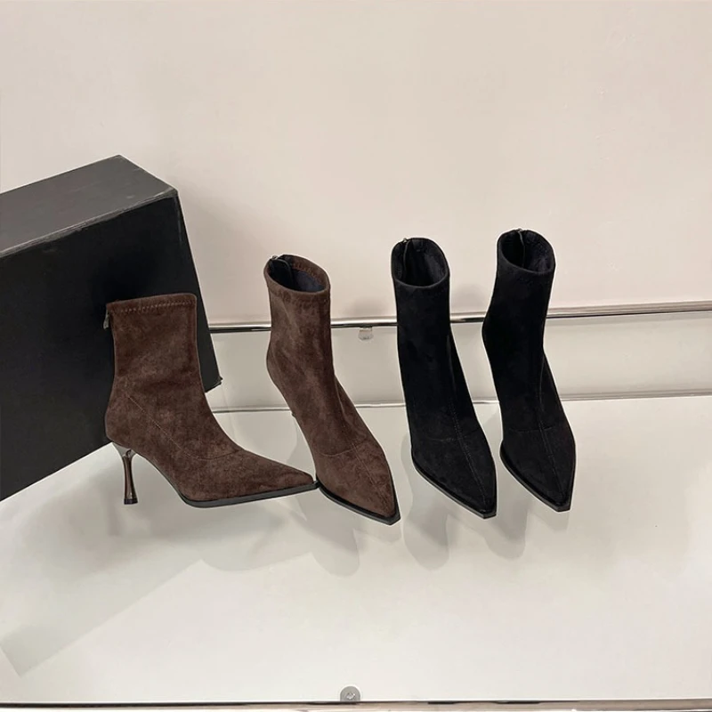 Pointed Toe Women's High Heel Ankle Boots Fashion Elegant Dancing Party Shoes Autumn Winter Women's Stretch Slim Short Booties