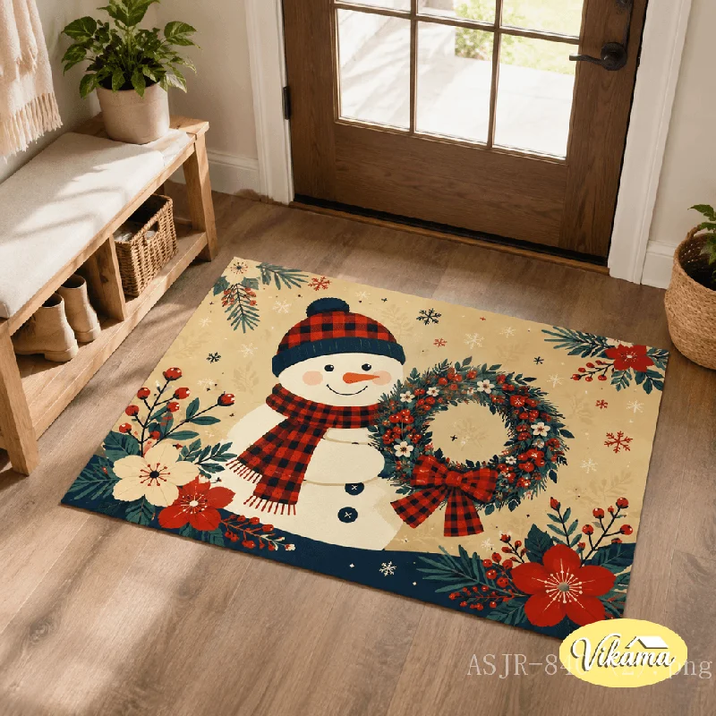 VIKAMA Christmas Snowman Wreath Doormat—Noise-Reducing, Non-Slip Bathroom and Toilet Mat, Entryway and Foyer Rug, Home Decor