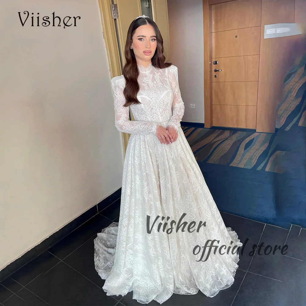 Viisher ชุดเดรสแต่งงานทรง A Line ชุดเดรสแขนยาวยาวคอทรงสูงสำหรับเจ้าสาวปรับแต่งได้2023ชุดเดรสเจ้าสาวแต่งงานริมชายหาด